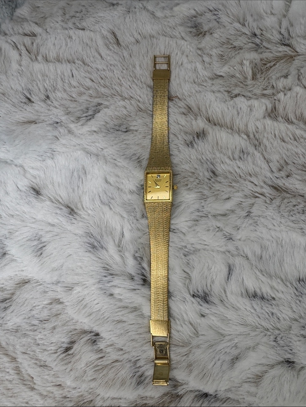 Gold-Tone Bulova Square Dial Mesh Bracelet Watch. Vintage